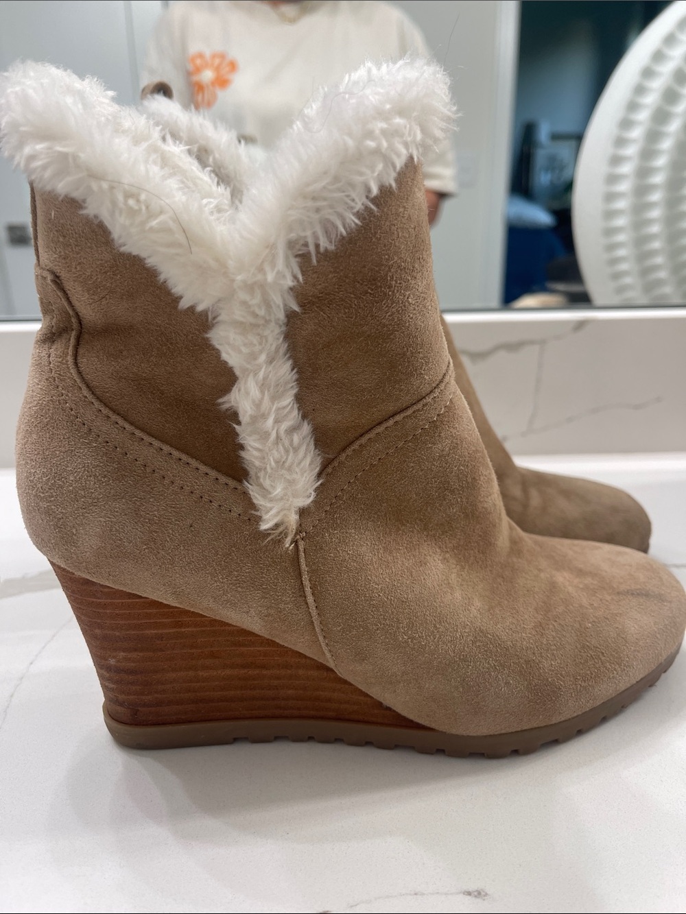 Nine West Tan Faux Suede Wedge Booties with White Faux-Shearling Trim